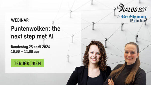 Banner met informatie over het webinar | Puntenwolken the next step met AI. Bevat een knop om het webinar terug te kijken.